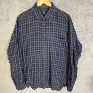 Zegna Sport Shirt Mens‎ Large Grey Blue Plaid Long Sleeve Button Up Cotton Wool